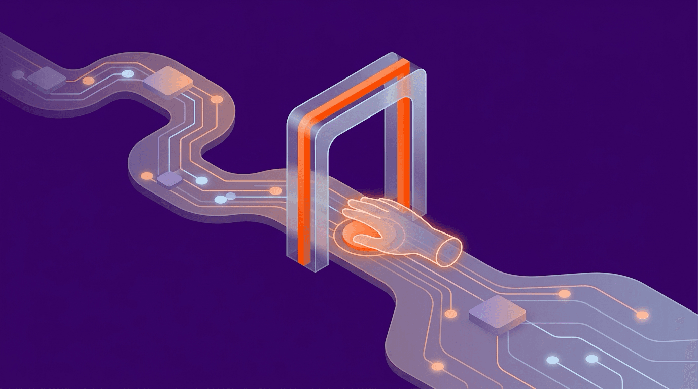 Abstract conceptual illustration of a human hand and a machine pathway meeting at a checkpoint, in deep purple and bright orange.